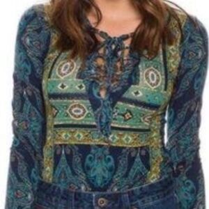 Free People Aloha L/S Blue Paisley Lace-up Top M